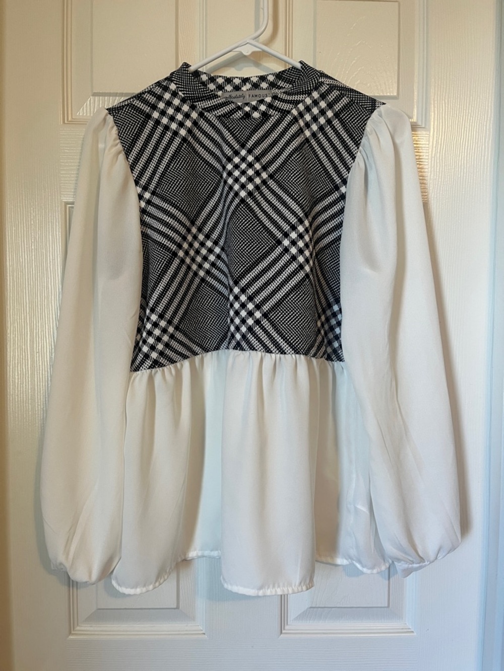 Absolutely Famous Black-and-White Plaid Panel Peplum Blouse - Picture 2 of 3